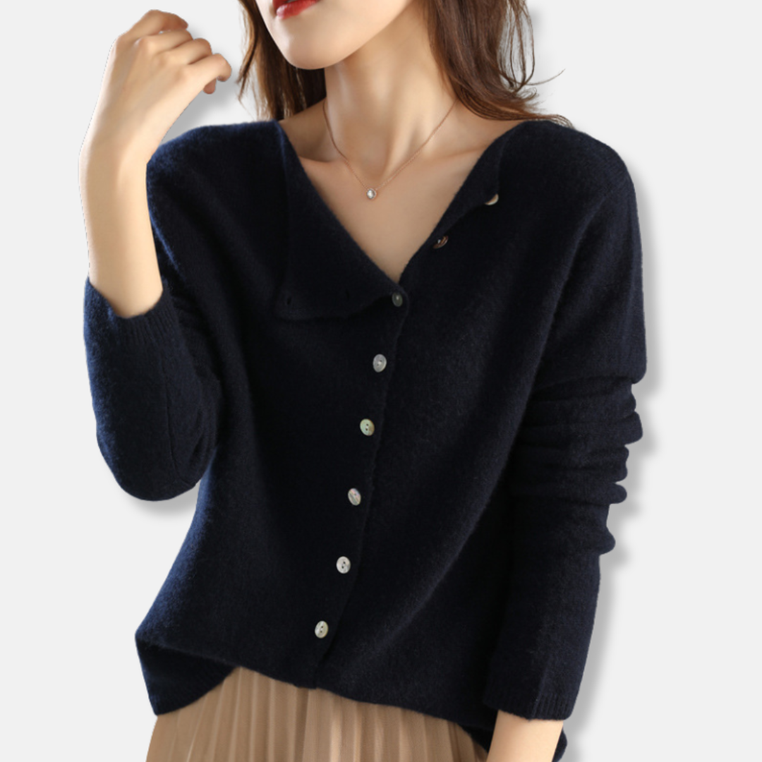 Women’s Knitted Cardigan – Relaxed Fit – Wool Blend – Asymmetrical Buttons – Ribbed Cuffs