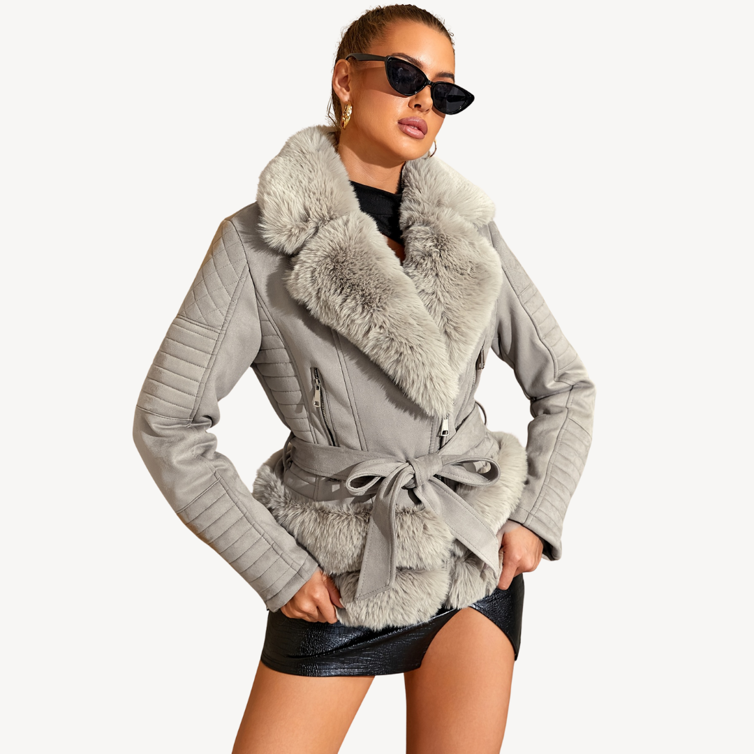 Women's Faux Fur Shearling Biker Jacket Brown