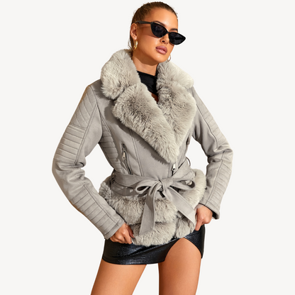 Women's Faux Fur Shearling Biker Jacket Brown