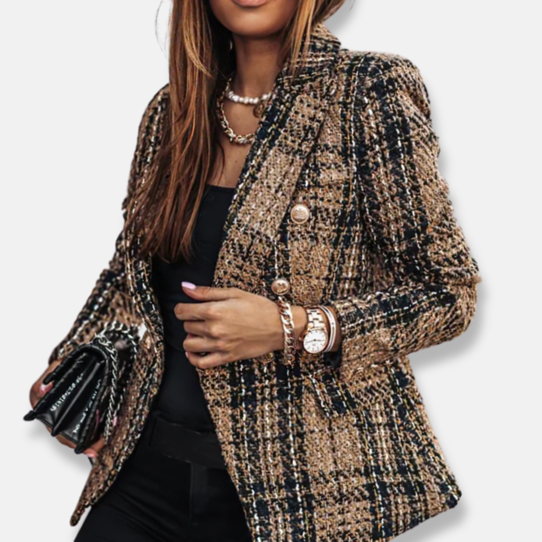 Freya Double-Breasted Blazer | Check Pattern Flap Pockets Blazer