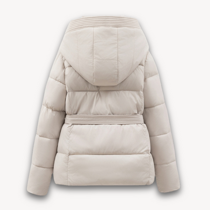 Women's Puffer Jacket with Hood and Belt