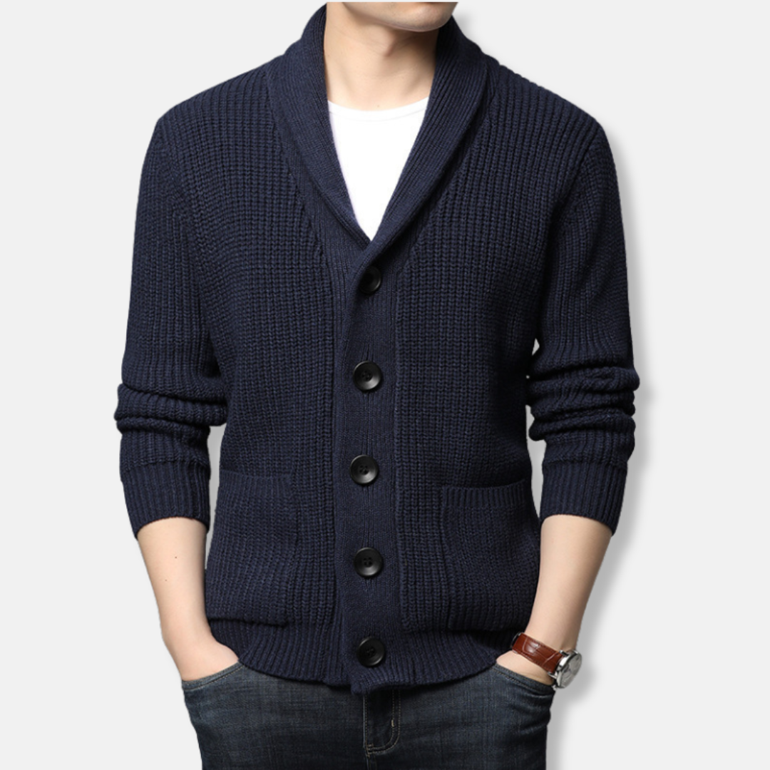 Men’s Cardigan Sweater – Regular Fit – Chunky Ribbed Knit – Shawl Collar – Button Front