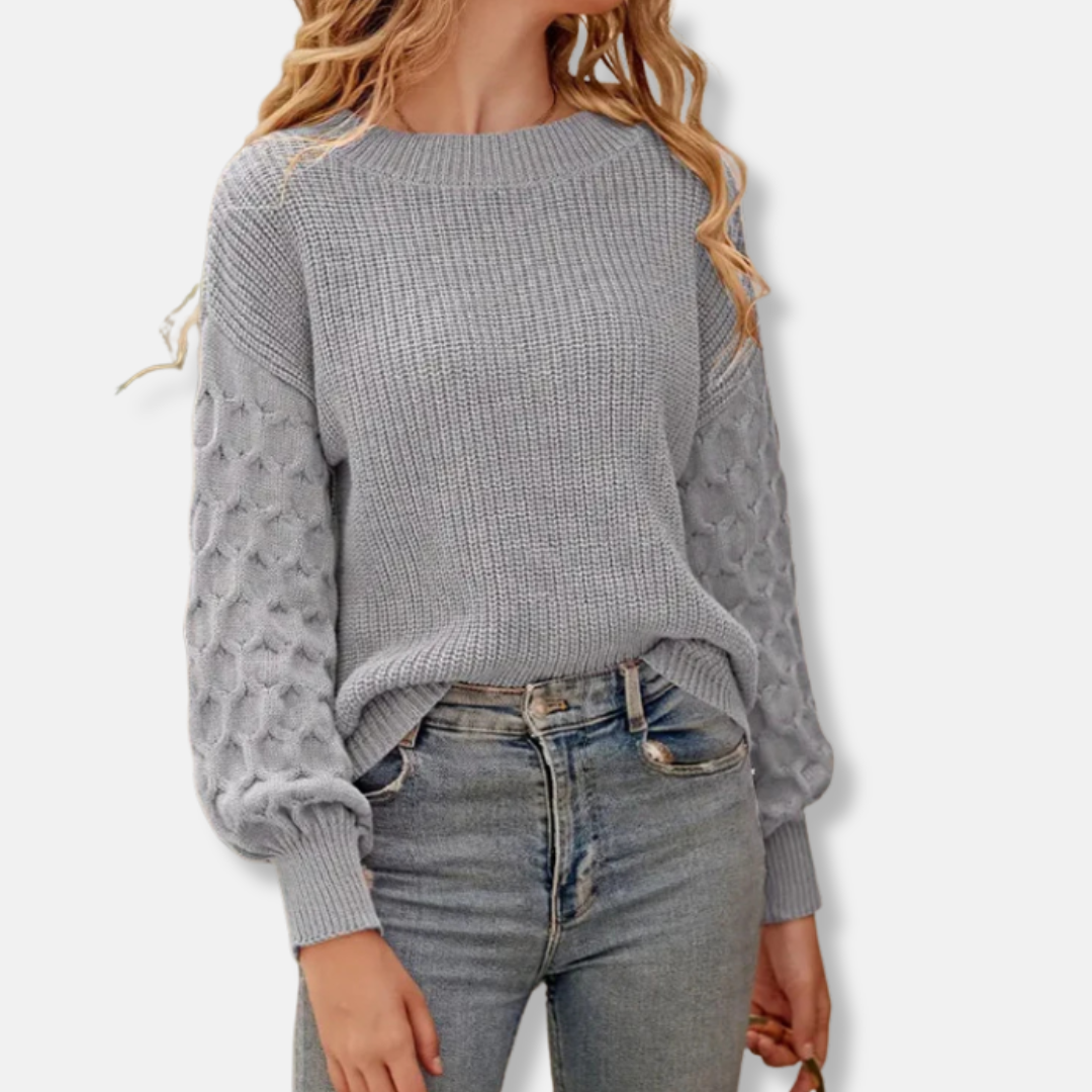 Women’s Pullover Sweatshirt – Relaxed Fit – Textured Knit – Balloon Sleeves – Ribbed Trim