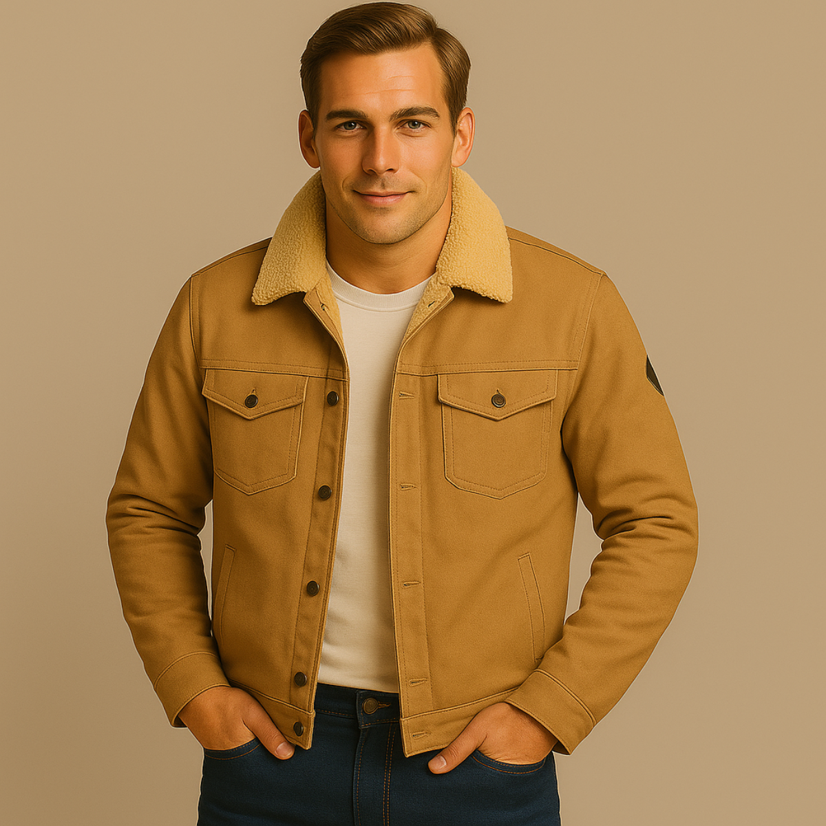 Men’s Faux Shearling Lined Trucker Shirt Jacket