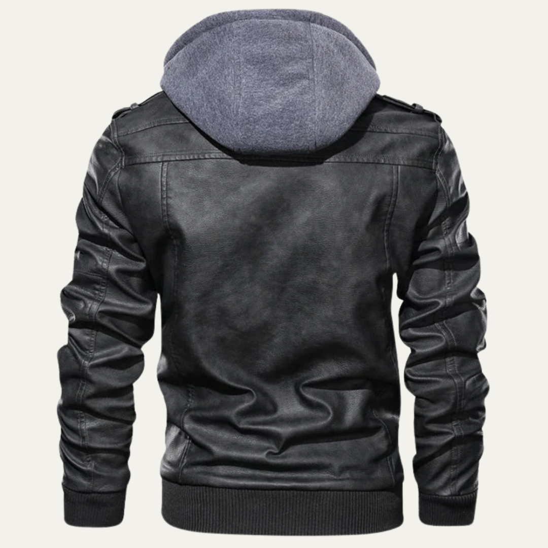 Men’s Faux Leather Moto Jacket with Layered Hood