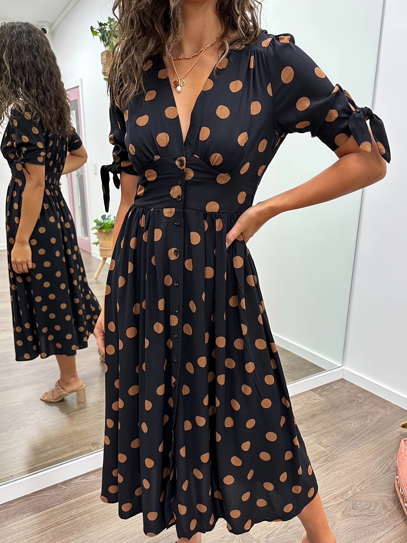Elegant Spot Print Mid Length Dress for Women - BritishElegance