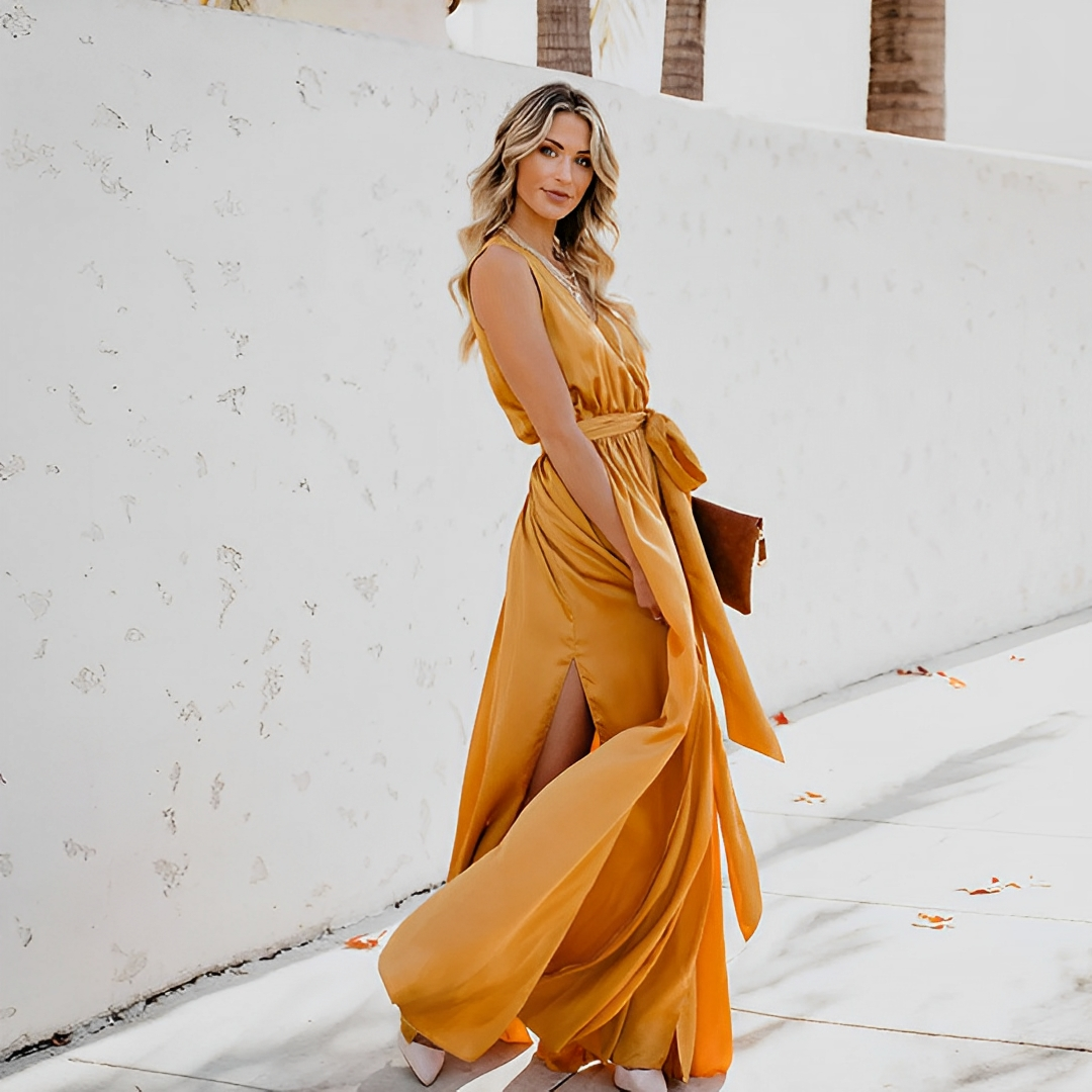 Beautiful Long Evening Dress with Satin Waist Belt - BritishElegance
