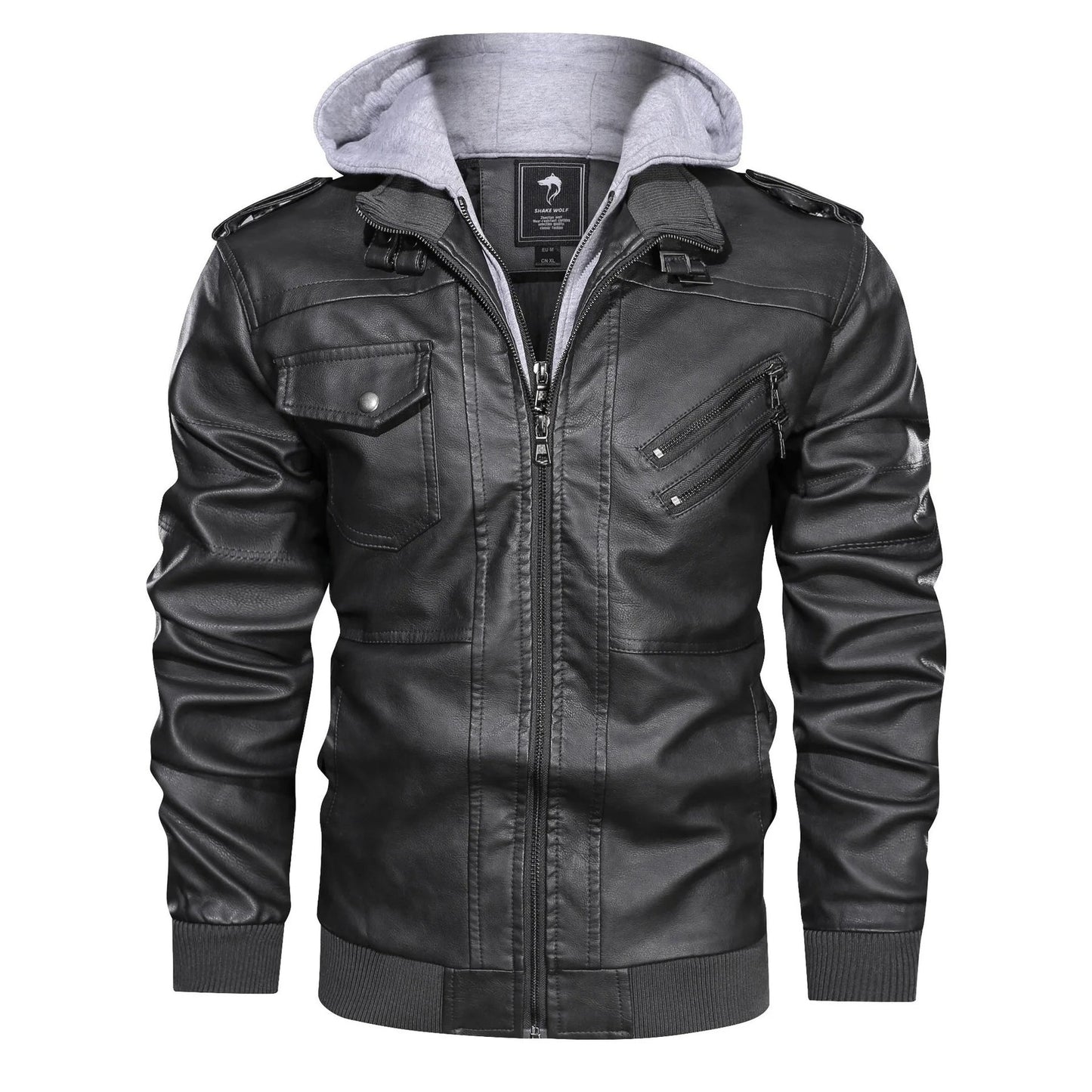 Men’s Faux Leather Moto Jacket with Detachable Hood