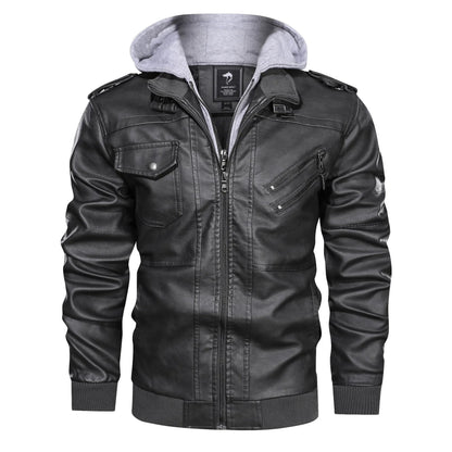 Men’s Faux Leather Moto Jacket with Detachable Hood