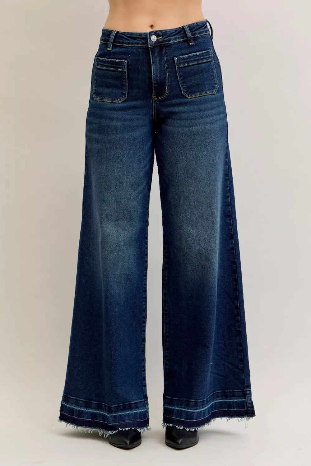 Ladies Comfort High Waist Wide Leg Jeans with Pockets - BritishElegance