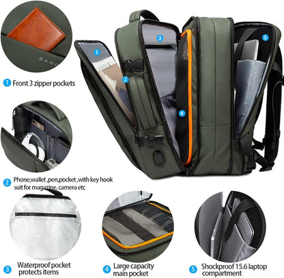 Expandable 26–45L Waterproof Travel Backpack with Laptop Sleeve & Duffle Carry