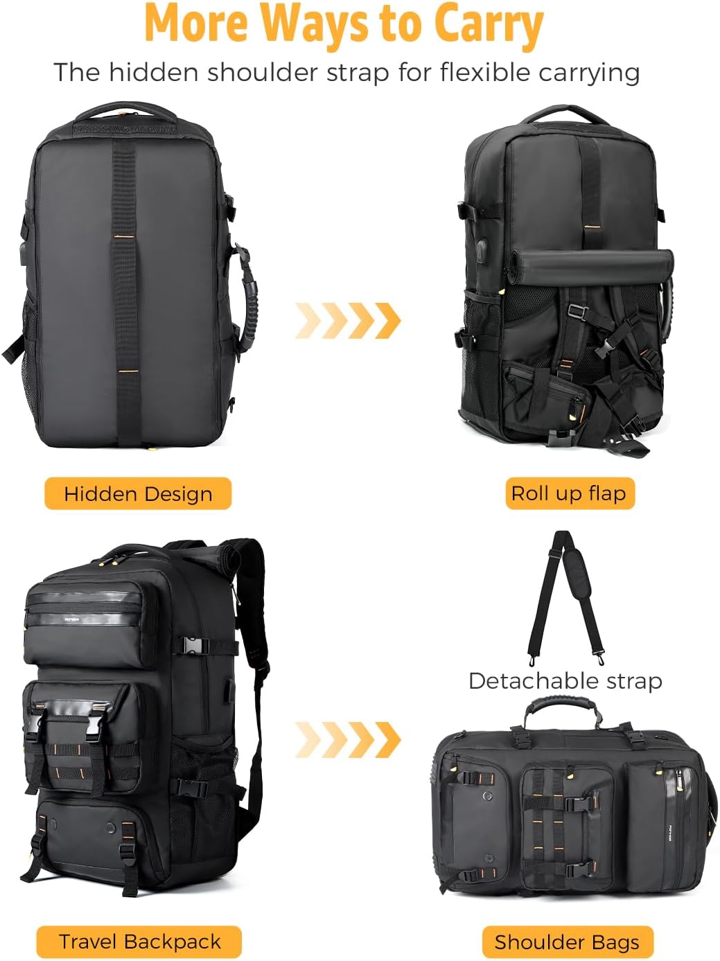 50L Flight-Ready Convertible Travel Backpack with Shoe Compartment & USB Port