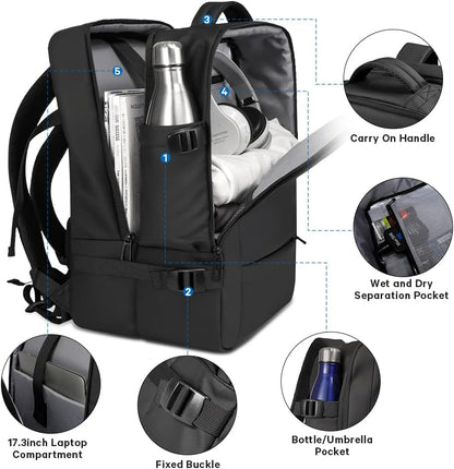 Expandable 26–45L Waterproof Travel Backpack with Laptop Sleeve & Duffle Carry