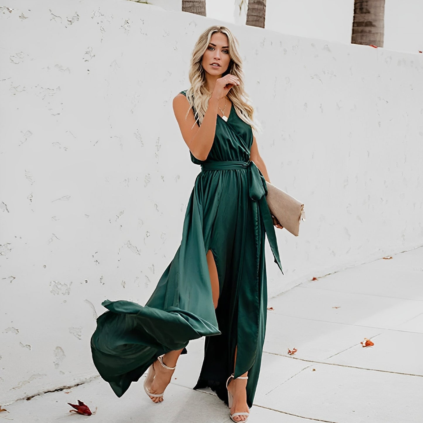 Beautiful Long Evening Dress with Satin Waist Belt