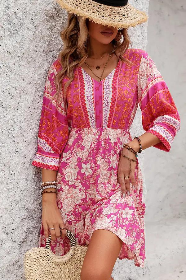 Bohemia Print V Neck Casual Mini Dress