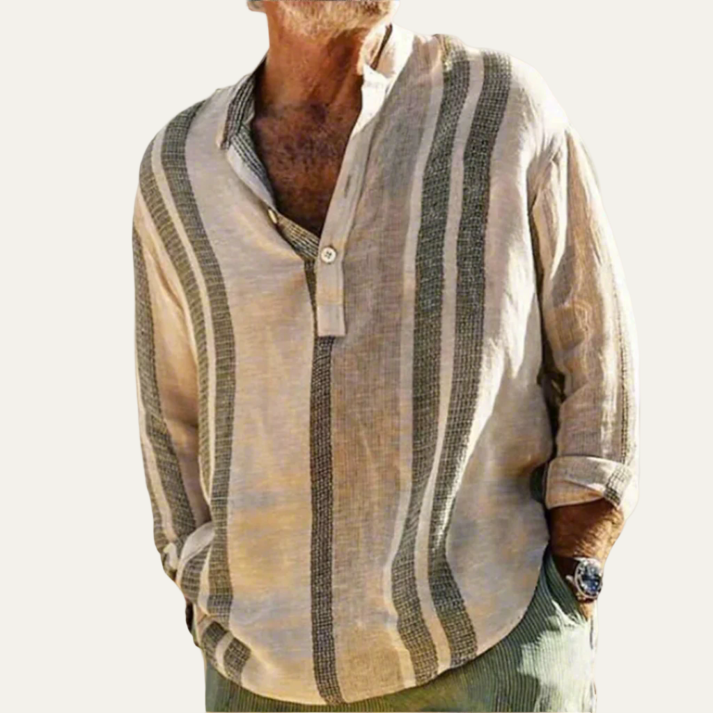 Men’s Oversized Striped Linen Band Collar Shirt