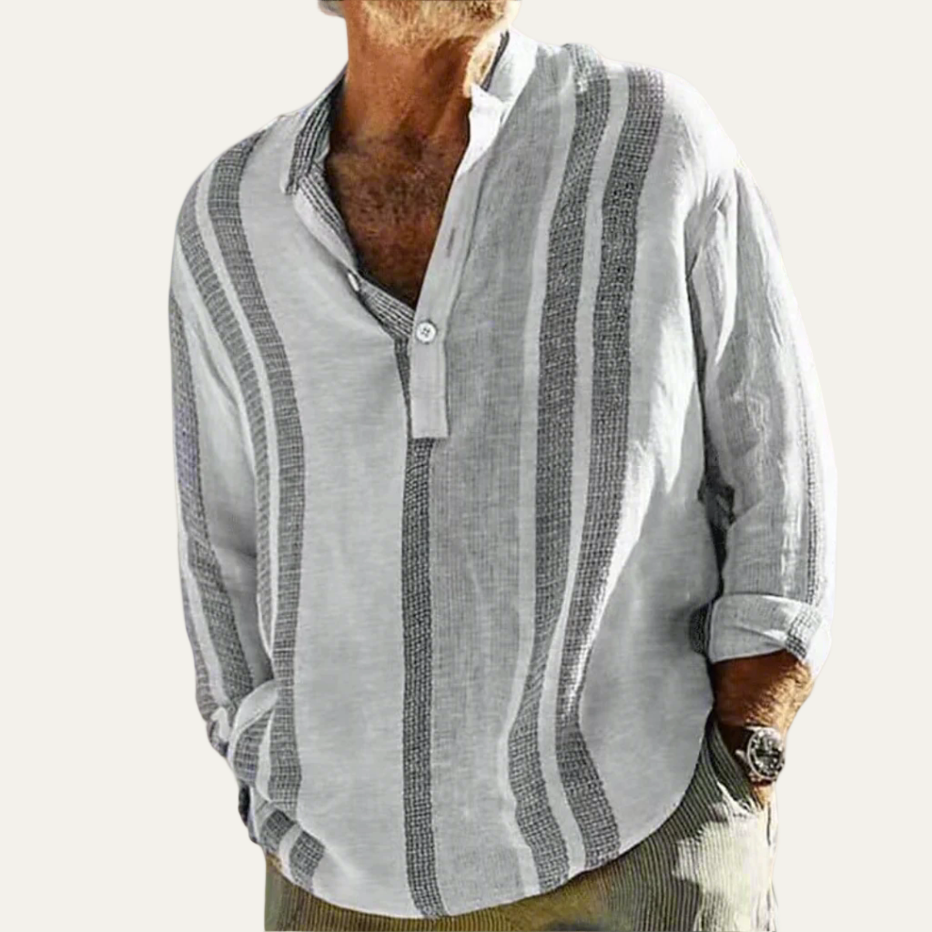 Men’s Oversized Striped Linen Band Collar Shirt