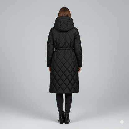 Violi | Padded Jacket - Quilted Hooded Knee-Length Winter Coat for Women
