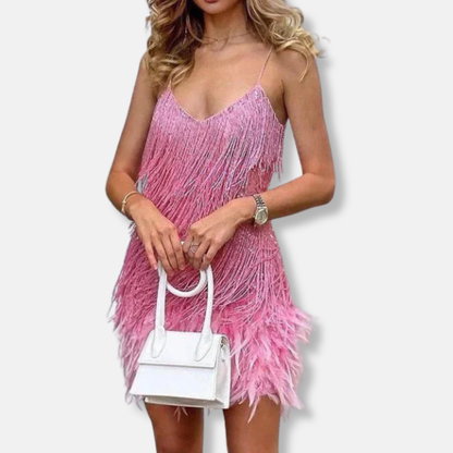 Francesca Sequin Embellished Cocktail Dress | Feather Trim Mini Dress