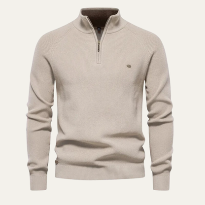 Men’s Ribbed Stand Collar Sweater with Quarter-Zip Closure