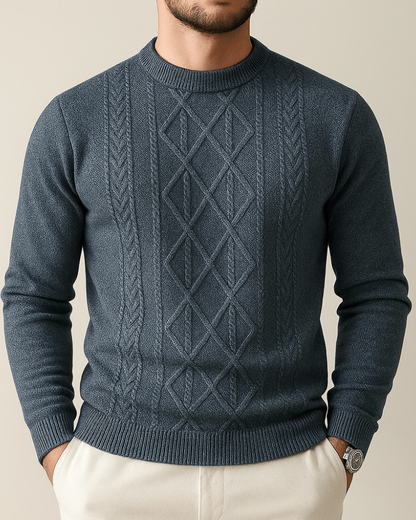 Men's knitted sweater with a round neckline and diamond pattern