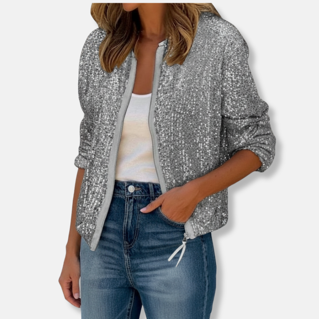 Ivy Cotton Blend Sequin Jacket | Collarless Relaxed Fit Jacket
