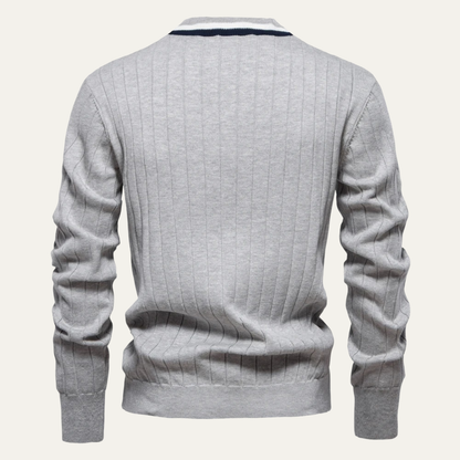 Men’s V Neck Rib Knit Cardigan with Striped Trim