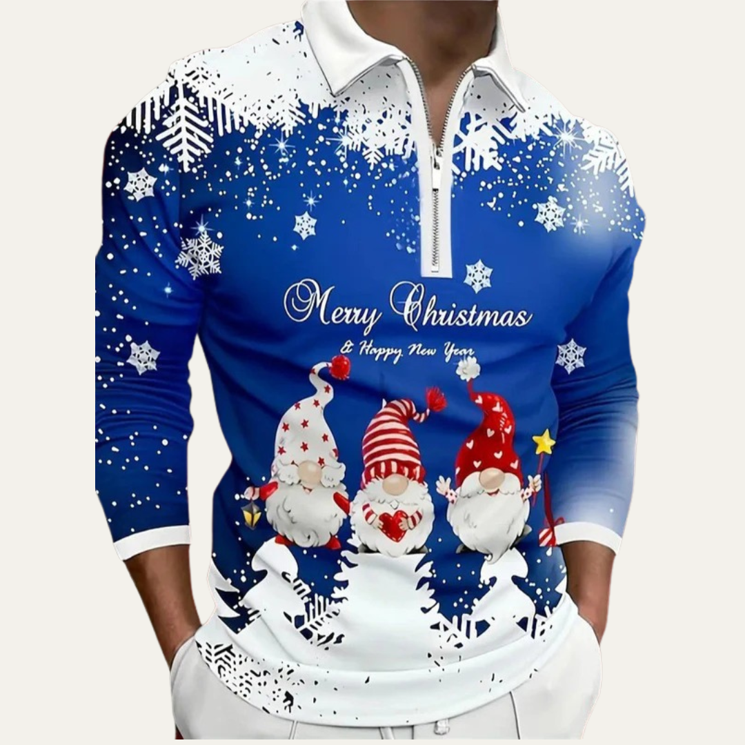 Men’s Festive Gnome Quarter-Zip Christmas Polo