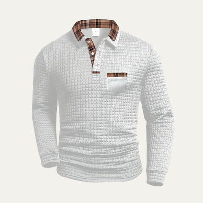 Men’s Textured Long Sleeve Polo with Plaid Collar