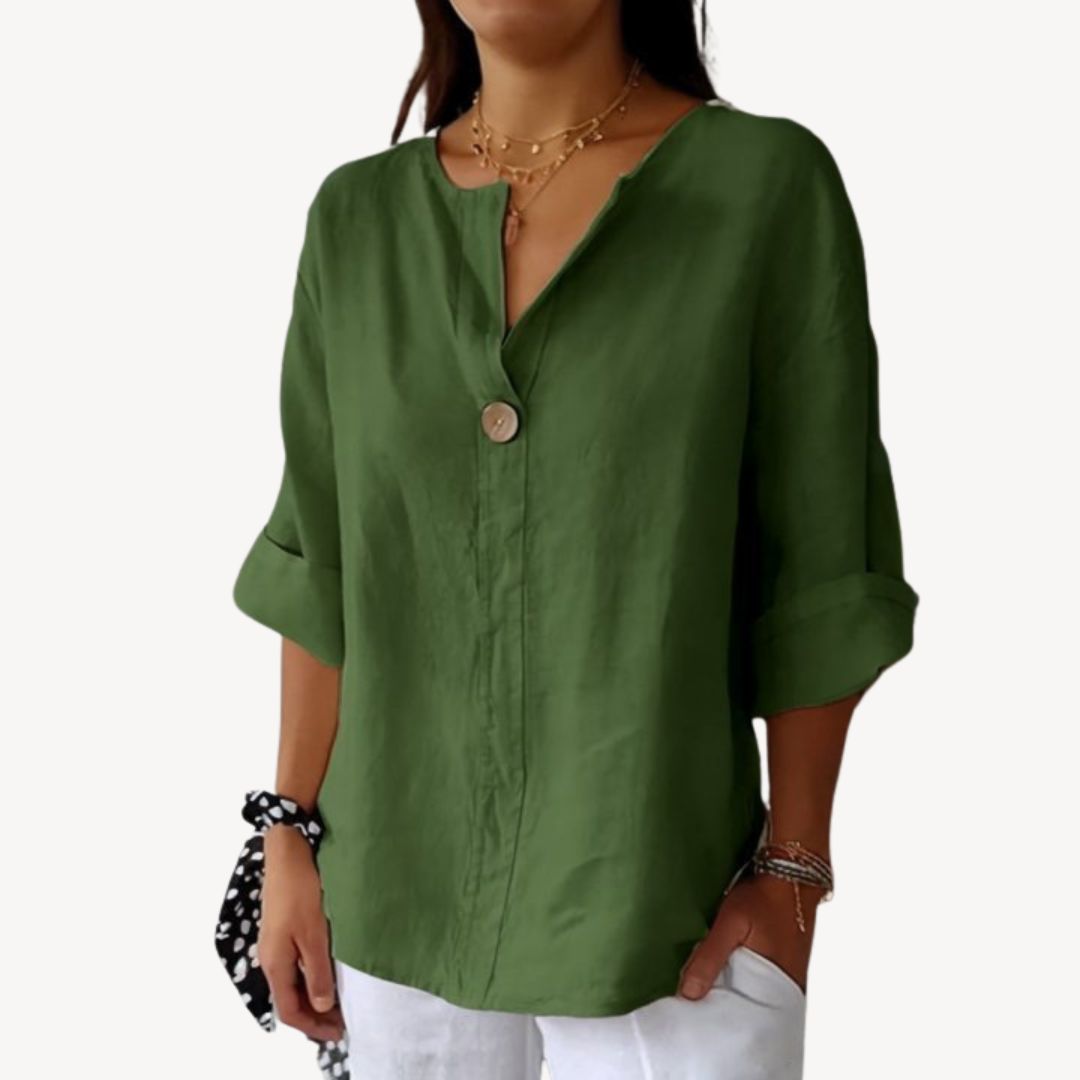 Women's Linen Long Sleeve V-Neck Blouse