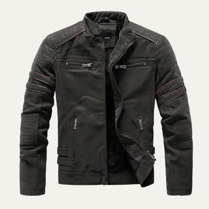 Men’s Faux Leather Racer Jacket with Quilted Trim
