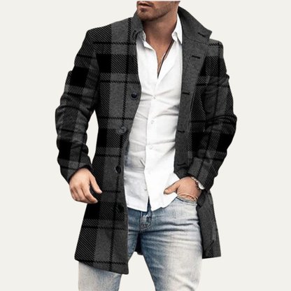 Men’s Long Check Pattern Tailored Overcoat