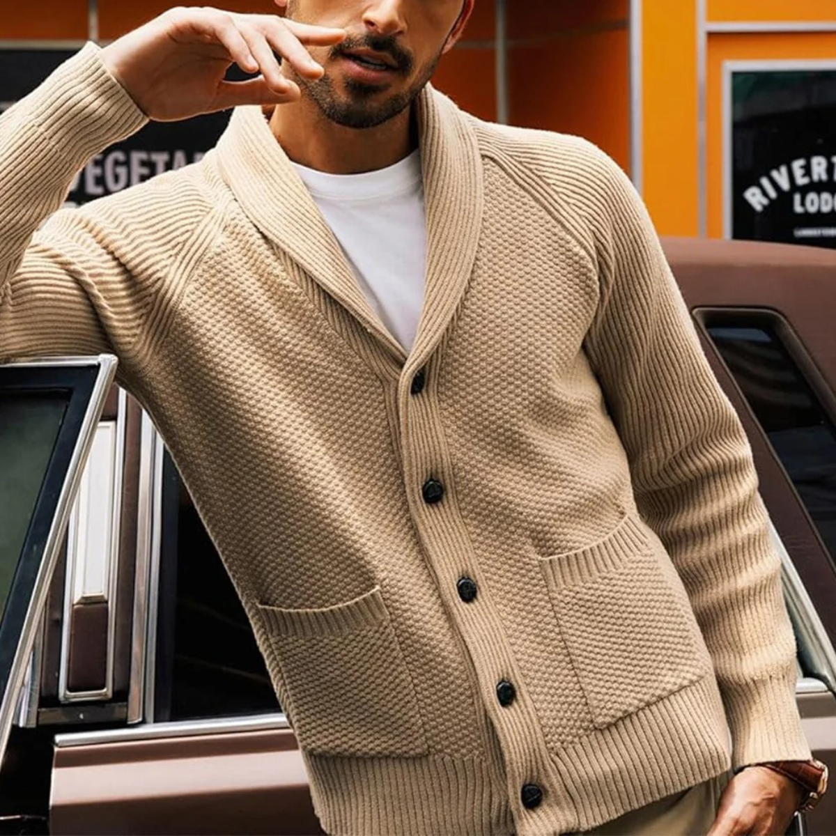 Men’s Shawl Collar Textured Knit Cardigan with Patch Pockets