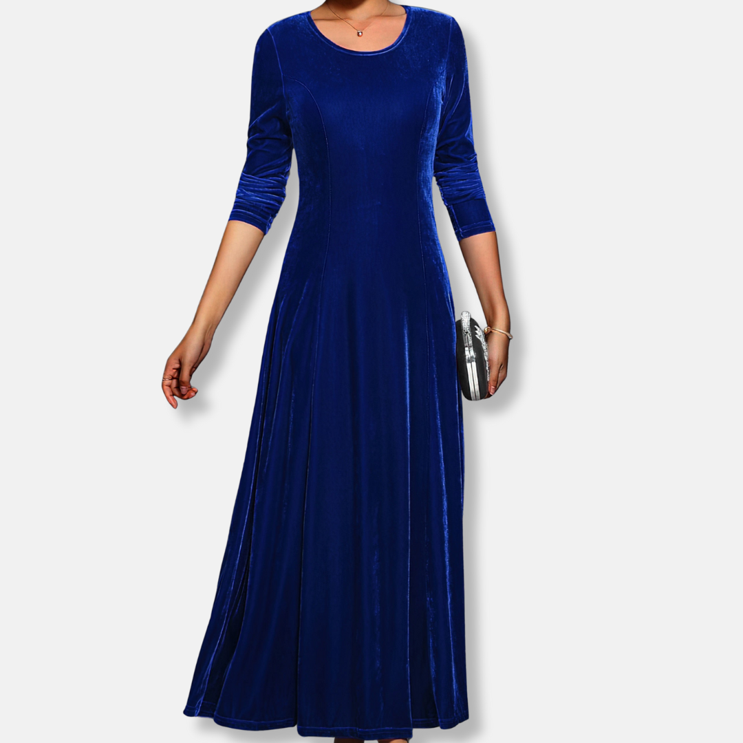 Olivia A-Line Maxi Dress | Solid Crewneck Long Sleeve Dress