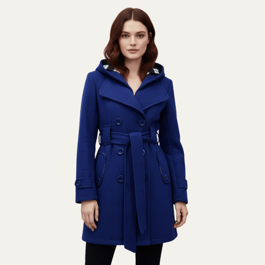 Women’s Belted Double-Breasted Wool Coat with Hood