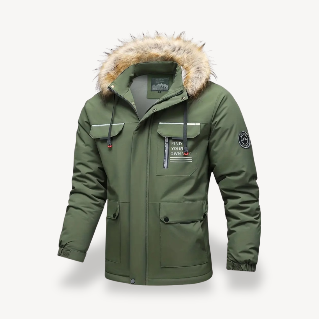 Men's Insulated Puffer Jacket with Detachable Faux Fur Hood