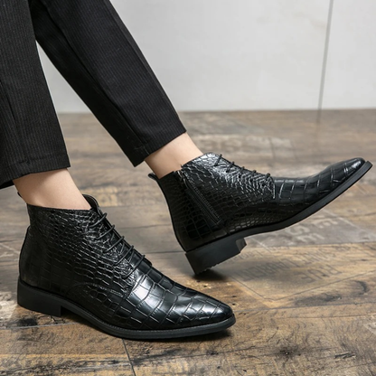 The Stromboli Men’s Crocodile Pattern Leather Ankle Boots - Black