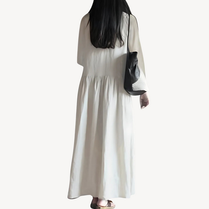 Linen Maxi Dress Women V-Neck Long Sleeve