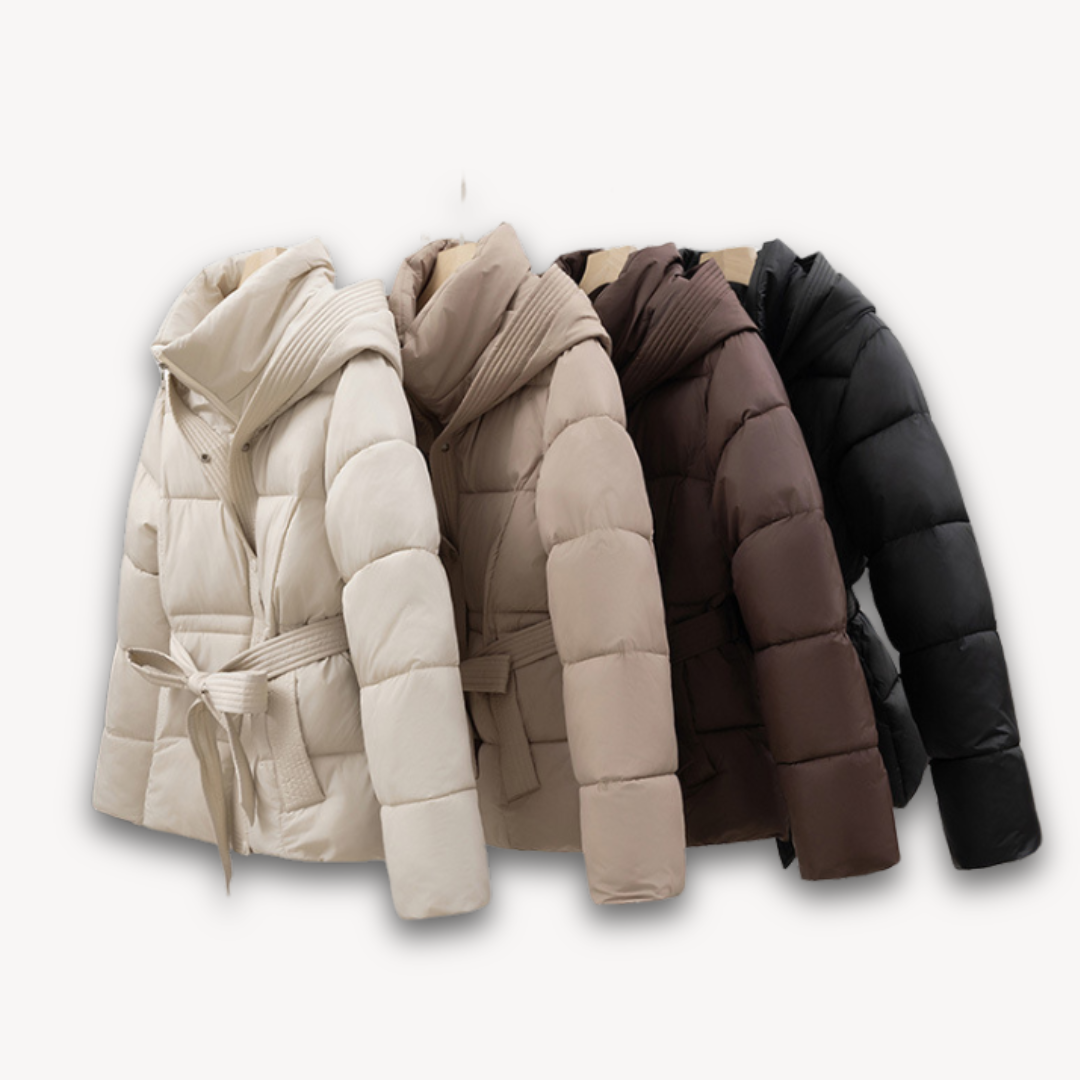 Women's Puffer Jacket with Hood and Belt