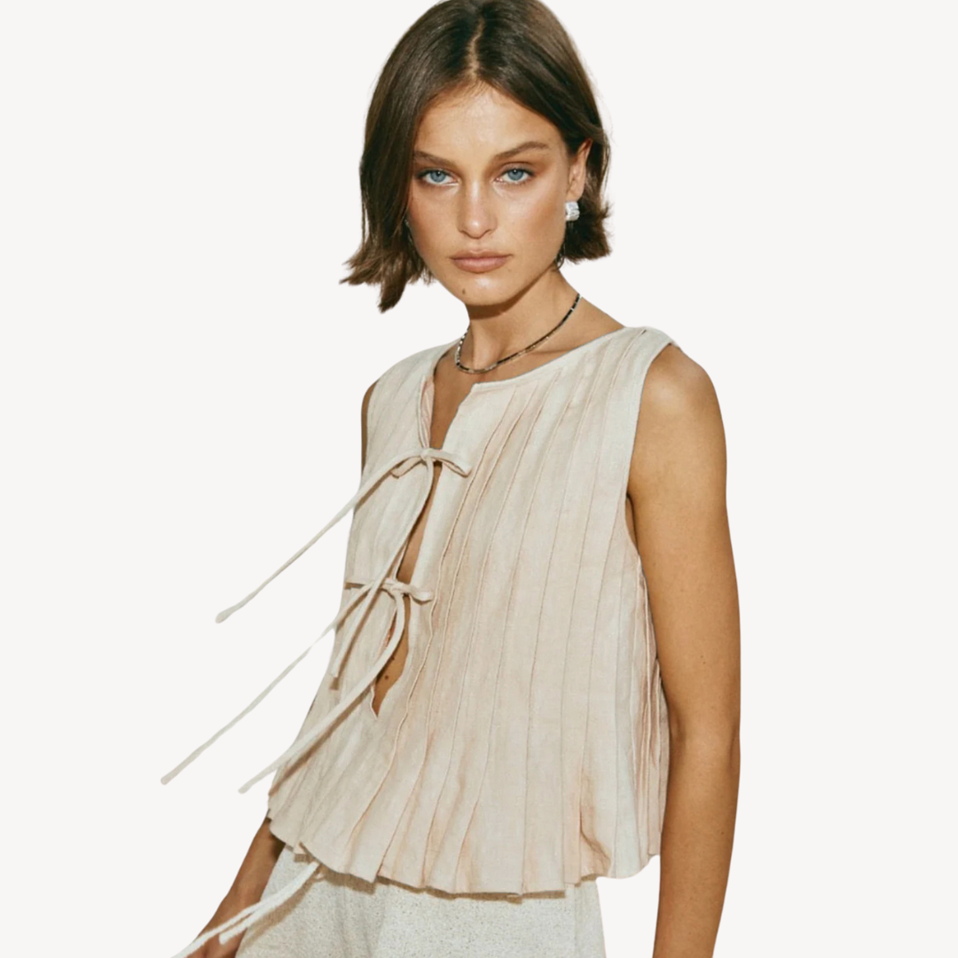 Women's Linen Pleated Tie-Front Top