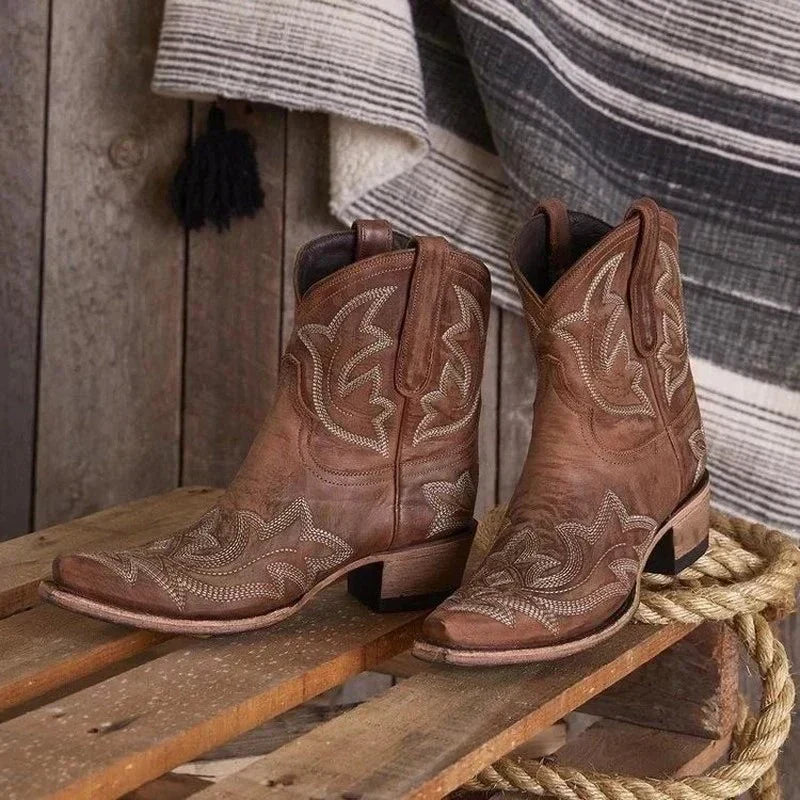 Ladies Embroidered Western Ankle Boots - BritishElegance