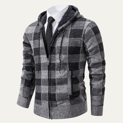 The Torgiano Men’s Zip Up Hooded Plaid Knit Jacket