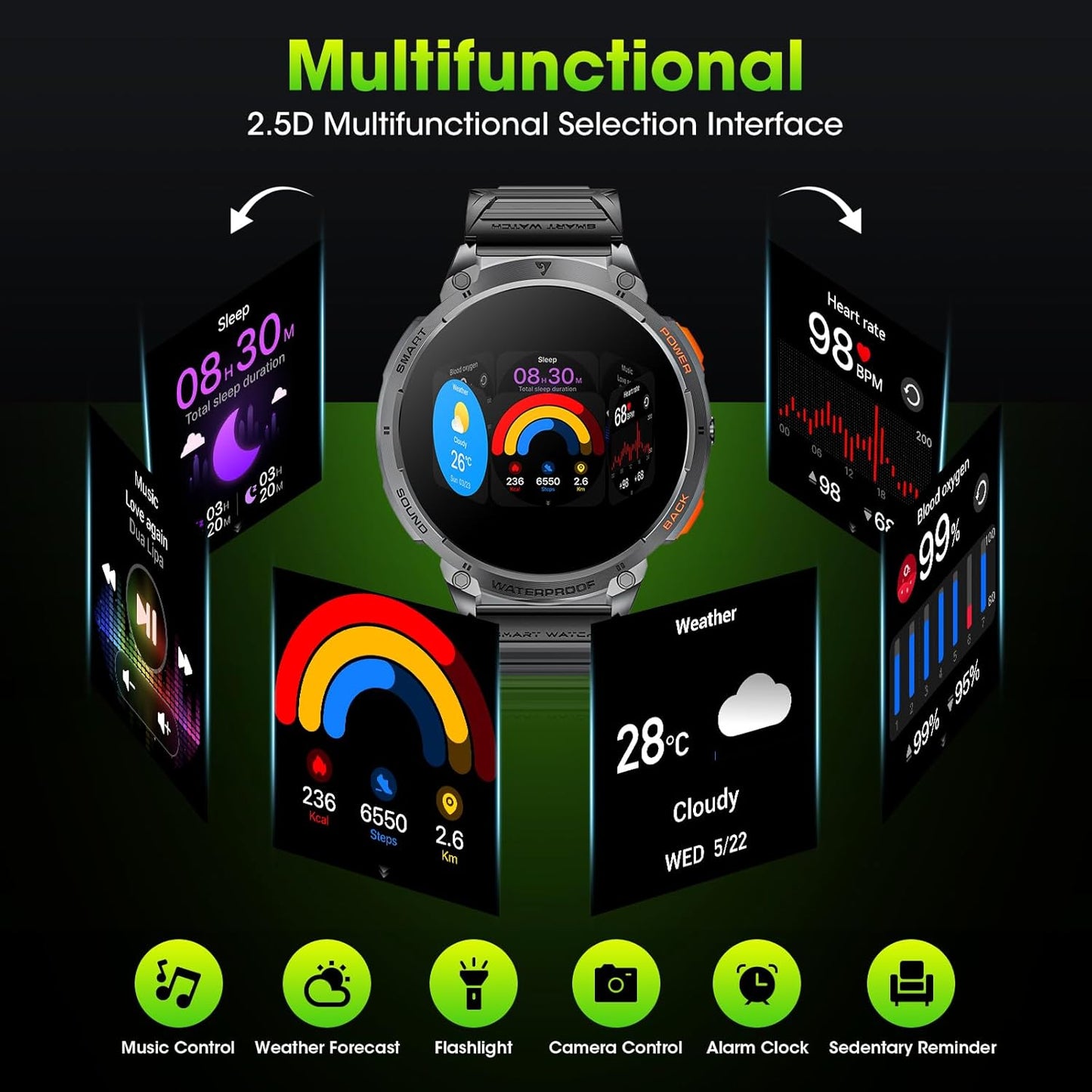 Military Smart Watch for Men with 1.85' HD Screen and Flashlight
