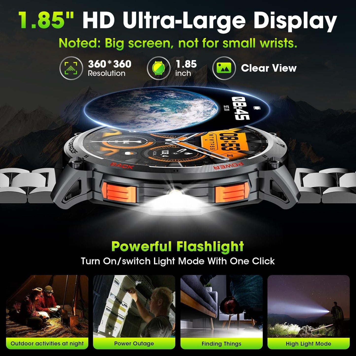 Military Smart Watch for Men with 1.85' HD Screen and Flashlight