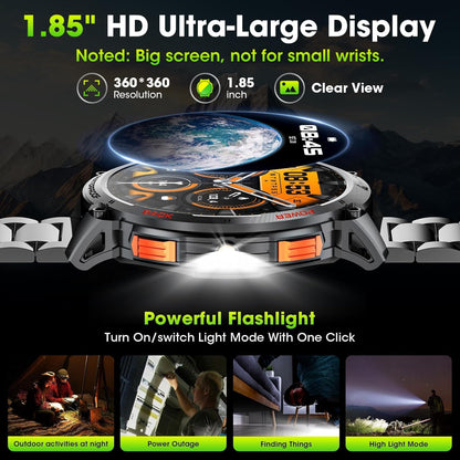 Military Smart Watch for Men with 1.85' HD Screen and Flashlight