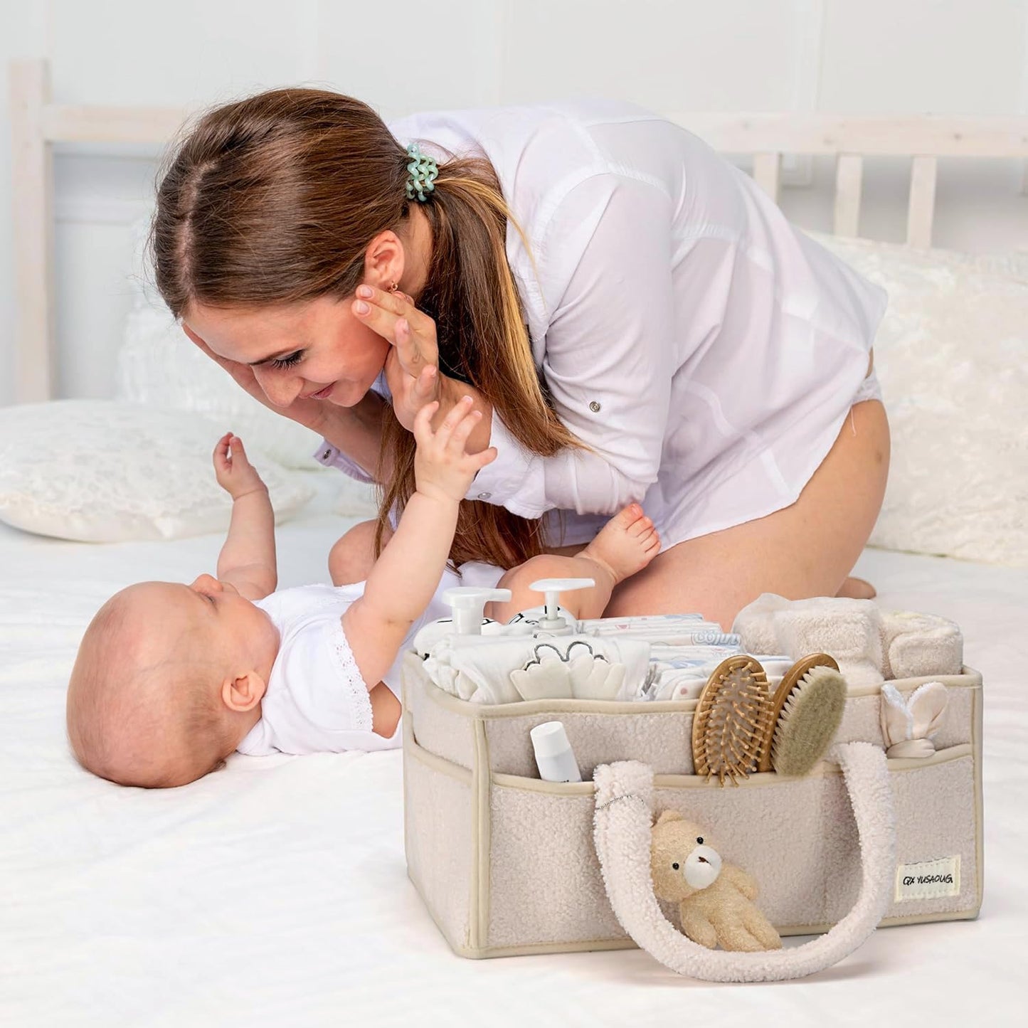 Baby Nappy Caddy Organizer – Plush Sherpa Storage Basket with Compartments – Elvoria