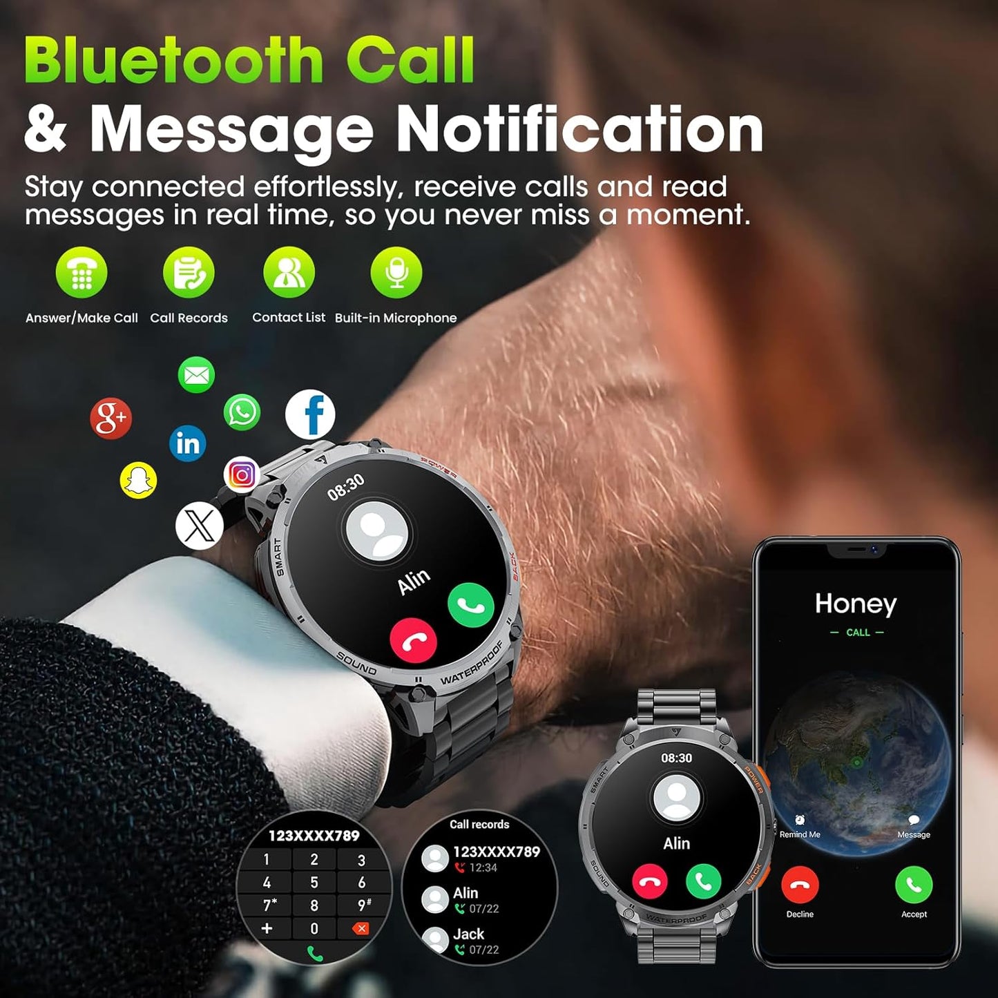 Military Smart Watch for Men with 1.85' HD Screen and Flashlight