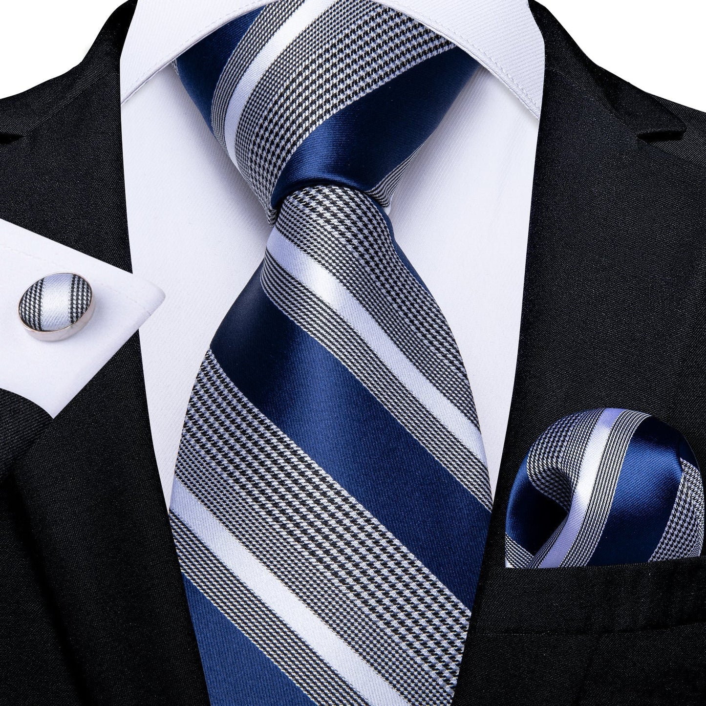 Royal Blue and Gray Striped Tie, Pocket Square and Cufflinks
