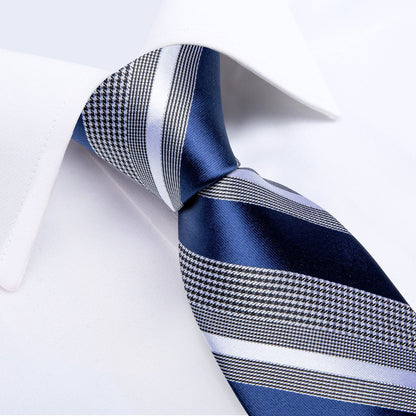 Royal Blue and Gray Striped Tie, Pocket Square and Cufflinks
