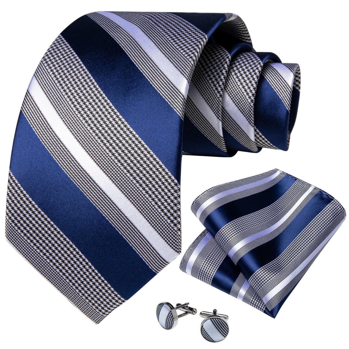 Royal Blue and Gray Striped Tie, Pocket Square and Cufflinks